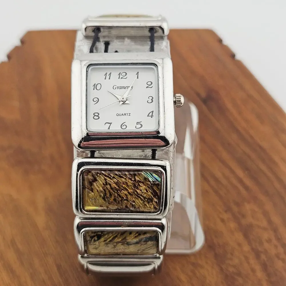 Gramercy Women's Bold Link Stretch Bracelet Watch Iridescent MOP Inlay Artsy